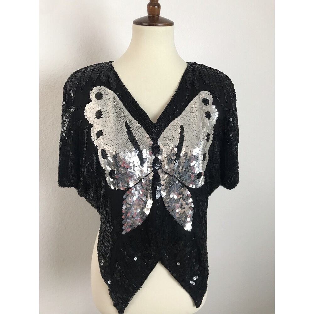 No Brand Top Vintage Women Sz M Shirt‎ Sequin Butterfly Asymmetrical Silk Retro